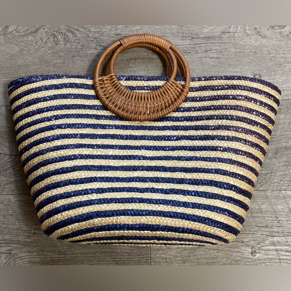 Striped Woven Tote with Wooden Handles